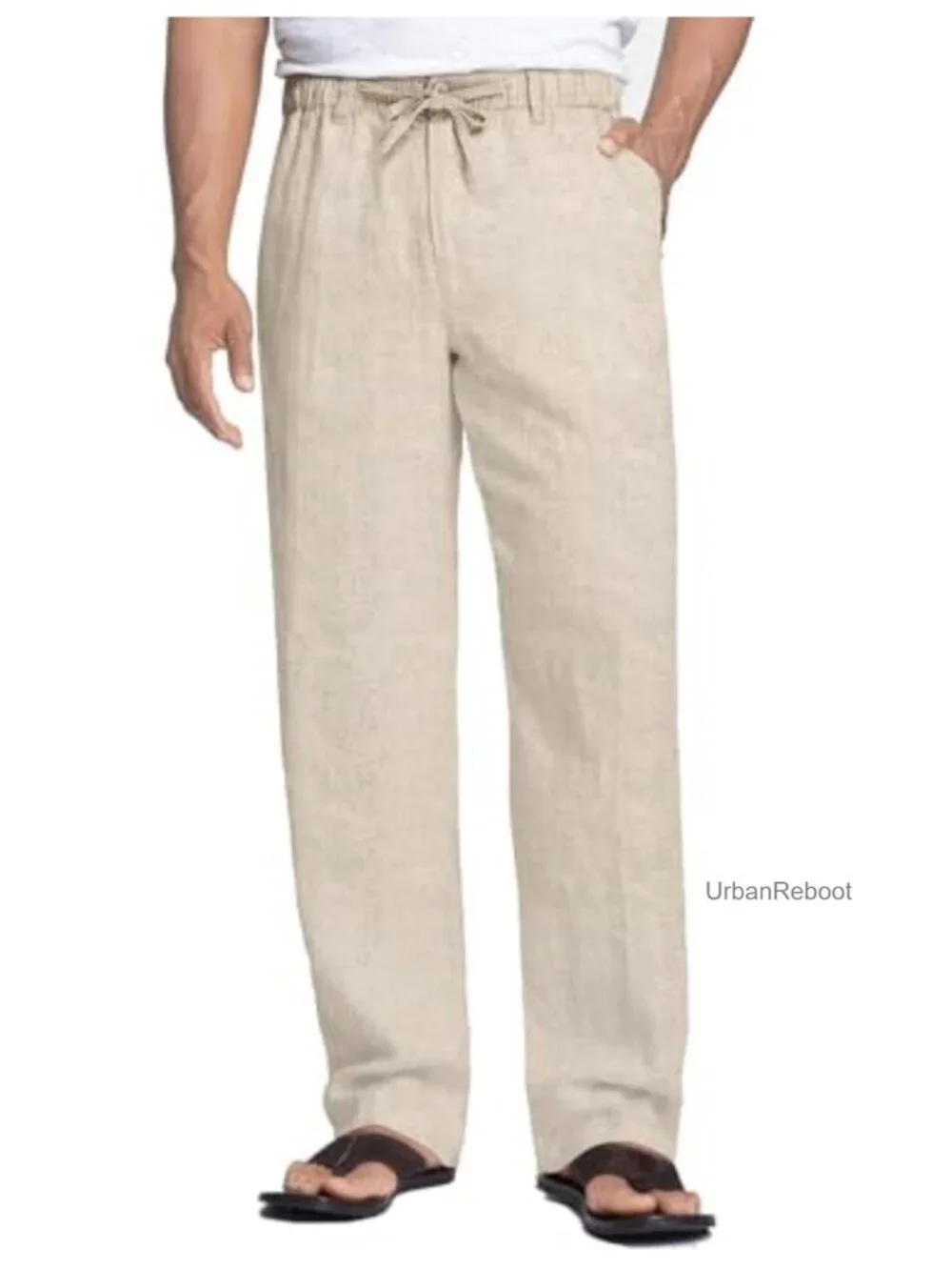 Men's Linen Blend Casual Pants Drawstring Straight Leg Summer Beach Trousers